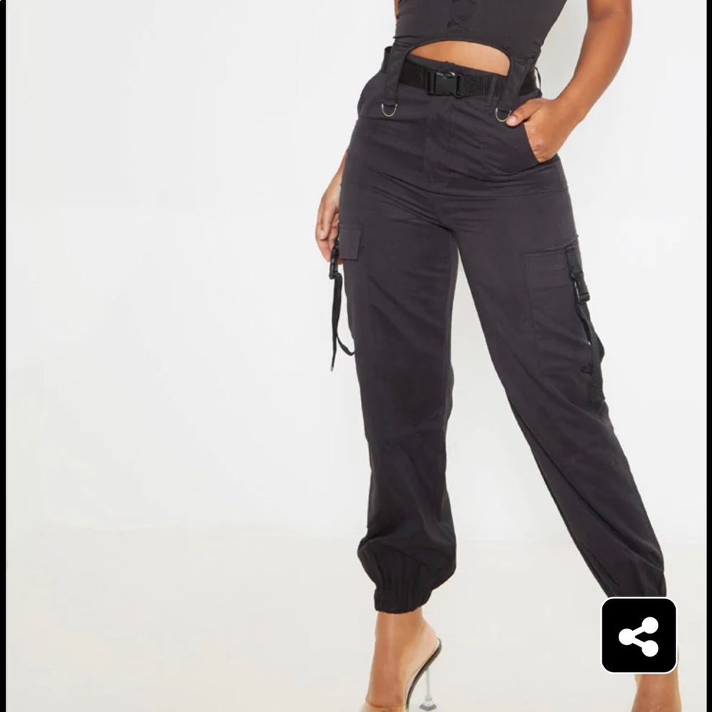 Black Buckle Detail Belted Cargo Pants